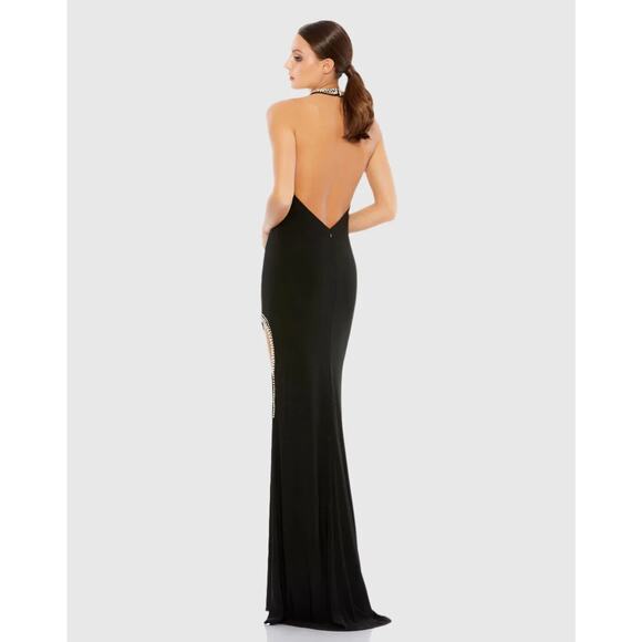 NWT Mac Duggal 26553 Womens Black Rhinestone Accents High Slit Halter Gown Sz 4 - Picture 3 of 16